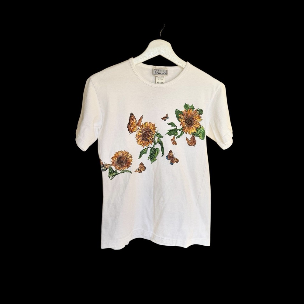 Vintage 80's Basic Editions Sunflowers Butterflies Shirt Sz Small Made In USA‎